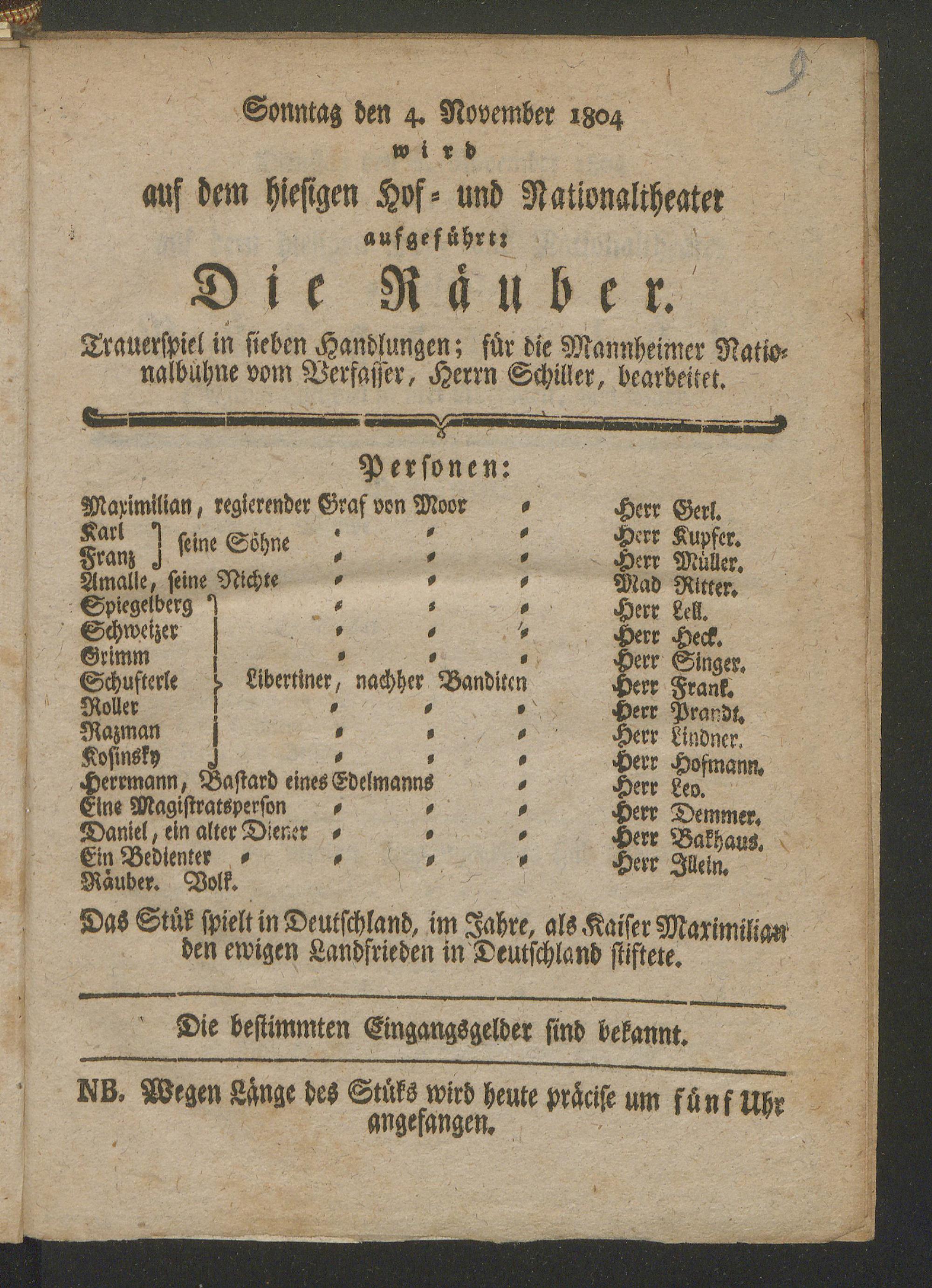 Theaterzettel Die Räuber 1804